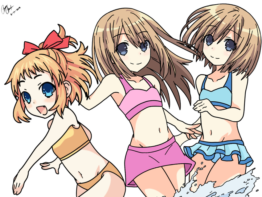 3girls bare_shoulders blonde_hair brown_hair choujigen_game_neptune female long_hair multiple_girls neptune_(series) pish ram_(choujigen_game_neptune) rom_(choujigen_game_neptune) short_hair siblings sisters smile swimsuit twins