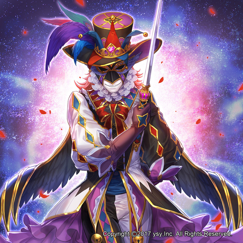 2017 bell black_wings box_(hotpppink) brown_gloves collar commentary_request company_name elbow_gloves feathered_wings frilled_collar frills gloves gold_trim grin hat hat_feather highres holding holding_sword holding_weapon jester jingle_bell looking_at_viewer male_focus mask neck_ruff official_art petals pink_hair puffy_sleeves purple_hat revolve sharp_teeth smile solo sword teeth watermark weapon wings