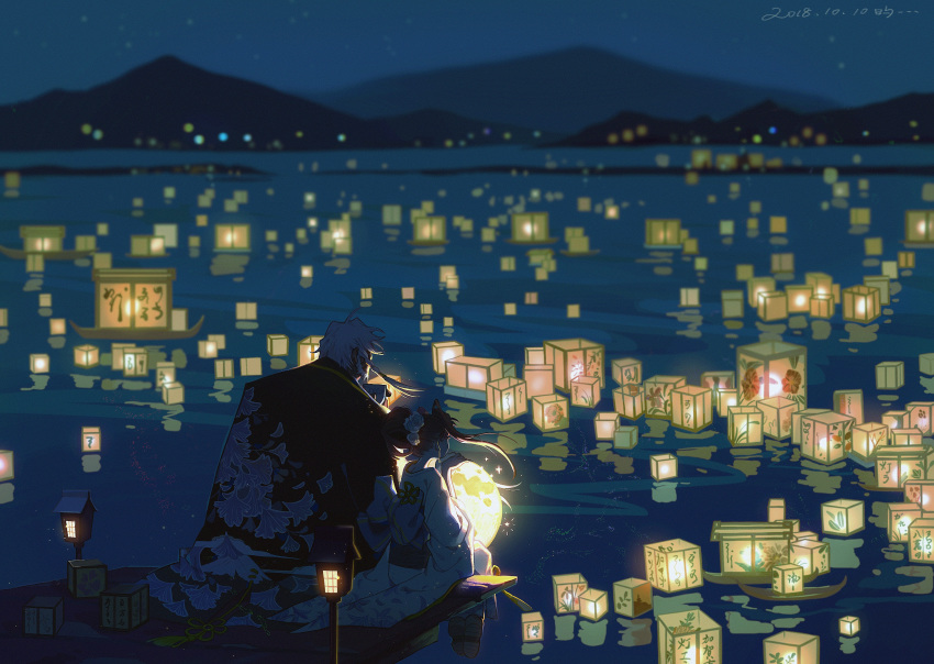 1boy 1girl absurdres afloat afloat_lantern artist_name backlighting beard braid dated dizi930 earrings facial_hair facing_away flower forever_7th_capital from_behind hair_bun hair_flower hair_ornament highres holding japanese_clothes jewelry kimono lantern light_particles long_sleeves mountain night night_sky obi obon outdoors paper_lantern pier reflection river rose sash scenery side_braid sitting sky water wide_sleeves wooden_lantern