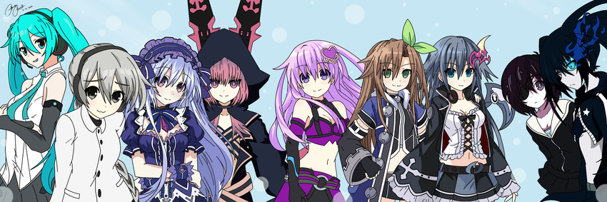 9girls absurdres aqua_eyes black_hair black_matagi black_rock_shooter black_rock_shooter_(character) blue_eyes brown_hair character_request copyright_request fairy_fencer_f green_eyes green_hair grey_eyes grey_hair hatsune_miku if_(choujigen_game_neptune) multiple_girls nafhe nepgear neptune_(series) pink_eyes pink_hair purple_eyes purple_hair tiara_(fairy_fencer_f)