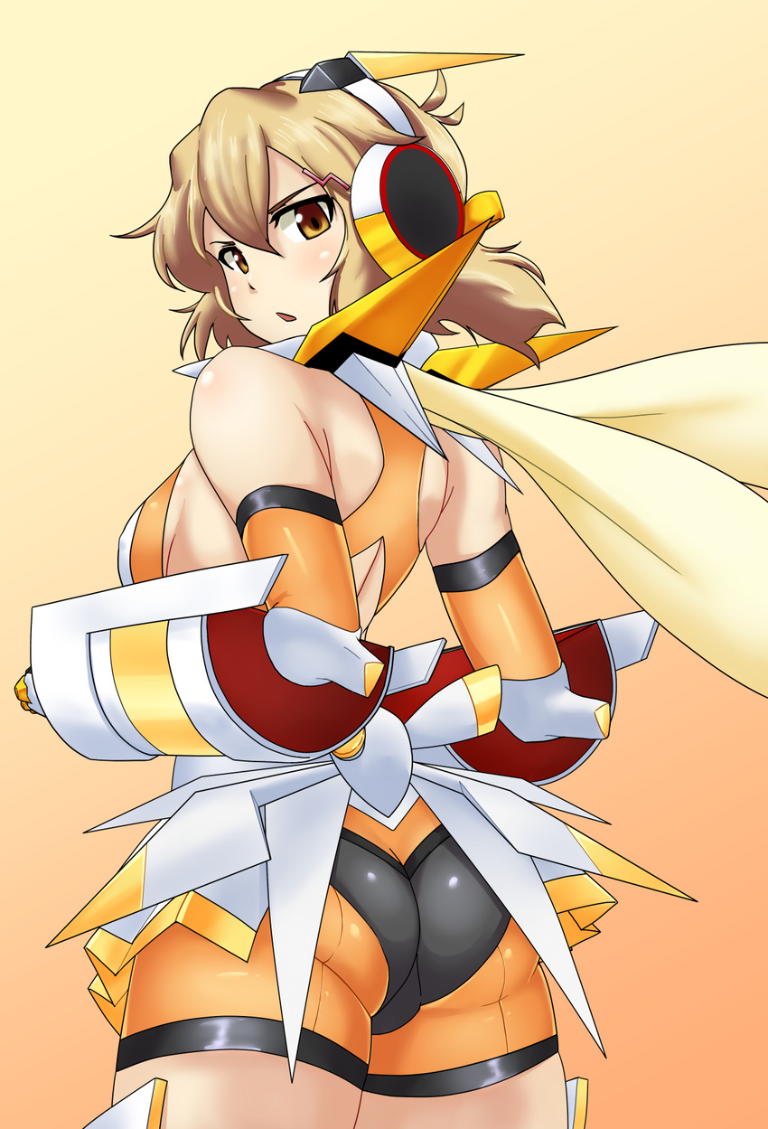 :&lt; ass bare_shoulders bodysuit breasts brown_eyes brown_hair chestnut_mouth elbow_gloves embers from_behind gauntlets gloves glowing gradient gradient_background hair_ornament headgear highres kunashiri_(etorofu) looking_at_viewer looking_back medium_breasts open_mouth orange_background orange_eyes scarf senki_zesshou_symphogear short_hair skin_tight skirt solo standing tachibana_hibiki_(symphogear)