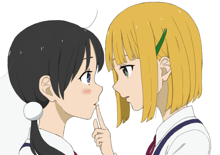 ahoge black_hair blonde_hair blue_eyes blush_stickers finger_to_another's_mouth green_eyes hair_ornament hairclip highres kitashirakawa_tamako long_hair multiple_girls parted_lips profile school_uniform short_hair simple_background tamako_market tokiwa_midori tsukkun twintails white_background yuri