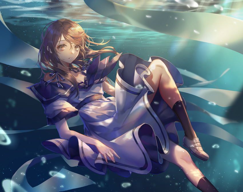 air_bubble bad_id bad_pixiv_id black_legwear brown_eyes brown_footwear brown_hair bubble day dress highres knee_up light_rays long_hair looking_at_viewer original outdoors shenteita shoes socks solo submerged sunbeam sunlight underwater water_surface