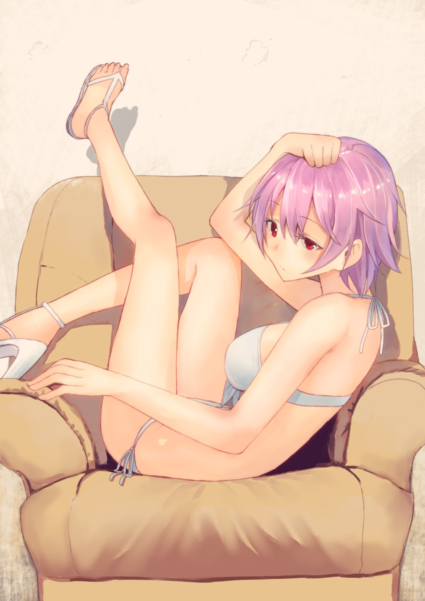 arm_on_head bikini bow bow_bikini closed_mouth commentary_request couch expressionless eyebrows_visible_through_hair feet from_side hand_on_own_head high_heels highres kantai_collection looking_at_viewer masukuza_j mismatched_footwear on_couch pink_hair reclining red_eyes sandals short_hair side-tie_bikini solo swimsuit tama_(kantai_collection) toes wall white_bikini