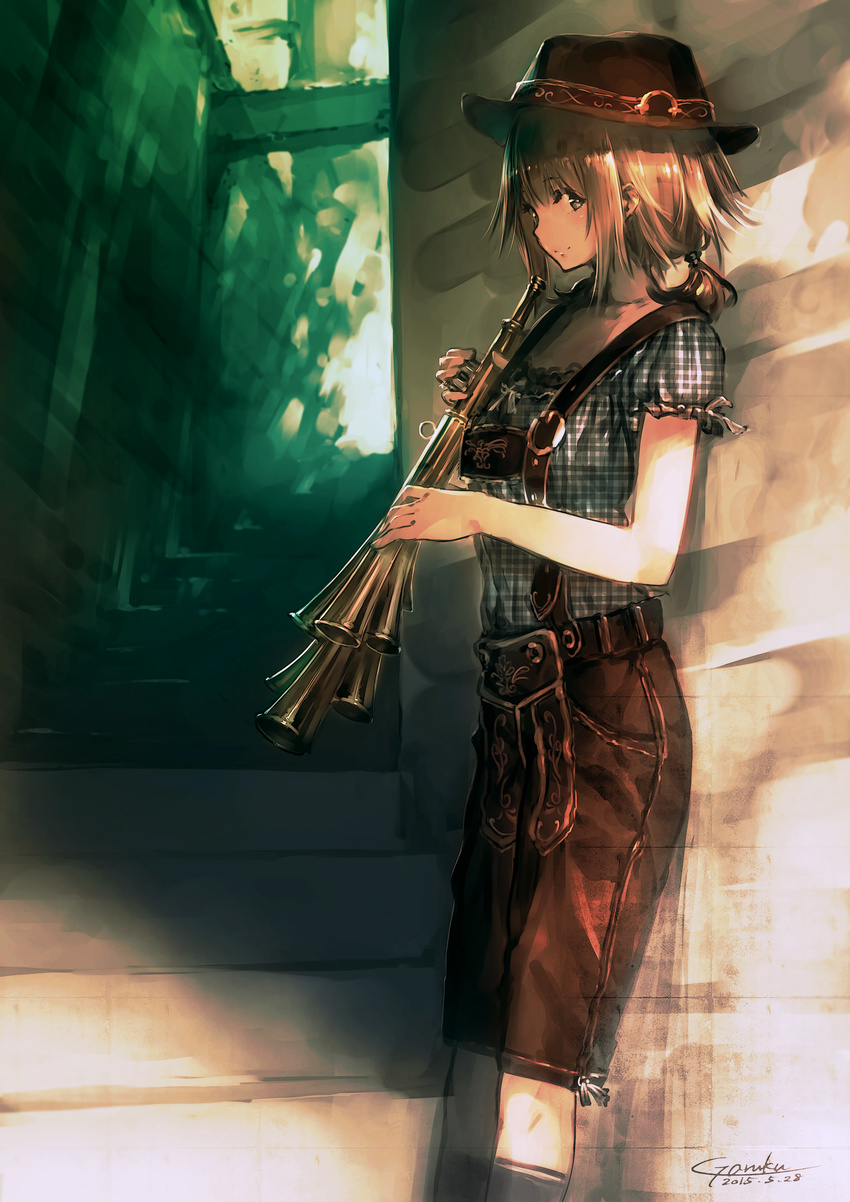 absurdres artist_name commentary dated garuku hat highres instrument kneehighs looking_at_viewer original shawm short_hair smile solo suspenders twintails
