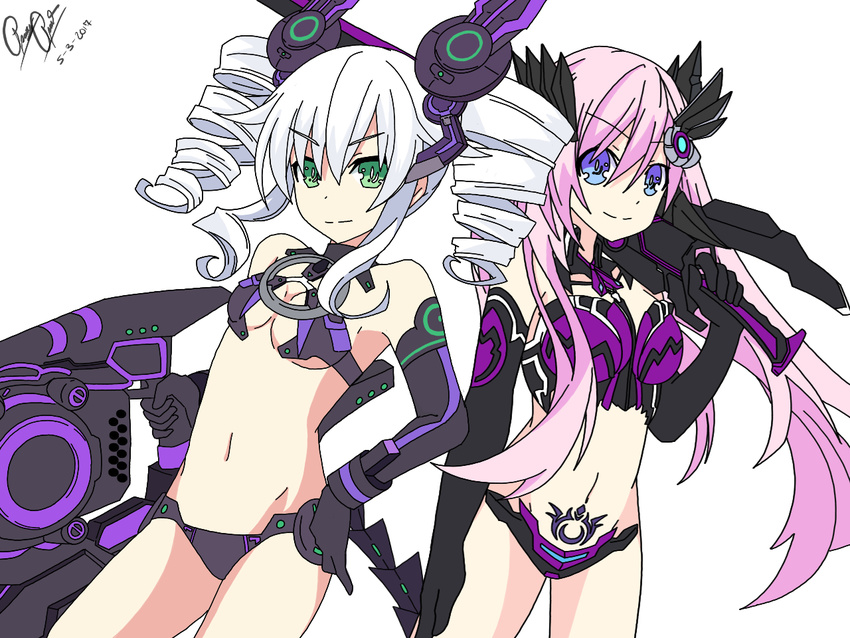 2girls black_sister blue_eyes blush breasts choujigen_game_neptune drill_hair elbow_gloves female gloves green_eyes hair_ornament highres long_hair multiple_girls nepgear neptune_(series) pubic_tattoo purple_hair purple_sister symbol-shaped_pupils tattoo twin_drills uni_(choujigen_game_neptune) very_long_hair white_hair yuri