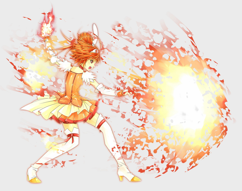 attack bike_shorts boots cai-man choker commentary_request cure_sunny elbow_gloves fire fireball flame gloves grey_background hair_bun high_heel_boots high_heels highres hino_akane_(smile_precure!) holding_flame kusanagi_kyou long_hair orange_eyes orange_hair orochinagi_(attack) precure pyrokinesis red_ribbon ribbon shorts shorts_under_skirt simple_background smile_precure! solo the_king_of_fighters thigh_boots thighhighs tiara trait_connection white_footwear