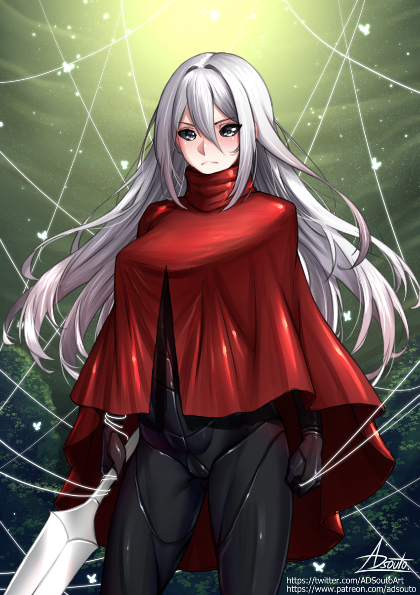 1girl adsouto arms_at_sides black_bodysuit black_sclera bodysuit cloak colored_sclera frown grey_eyes grey_hair hair_between_eyes hair_intakes highres holding holding_polearm holding_weapon hollow_knight hollow_knight:_silksong hornet_(hollow_knight) humanization long_hair needle_(hollow_knight) polearm red_cloak shiny_clothes signature silk solo standing variant_set weapon