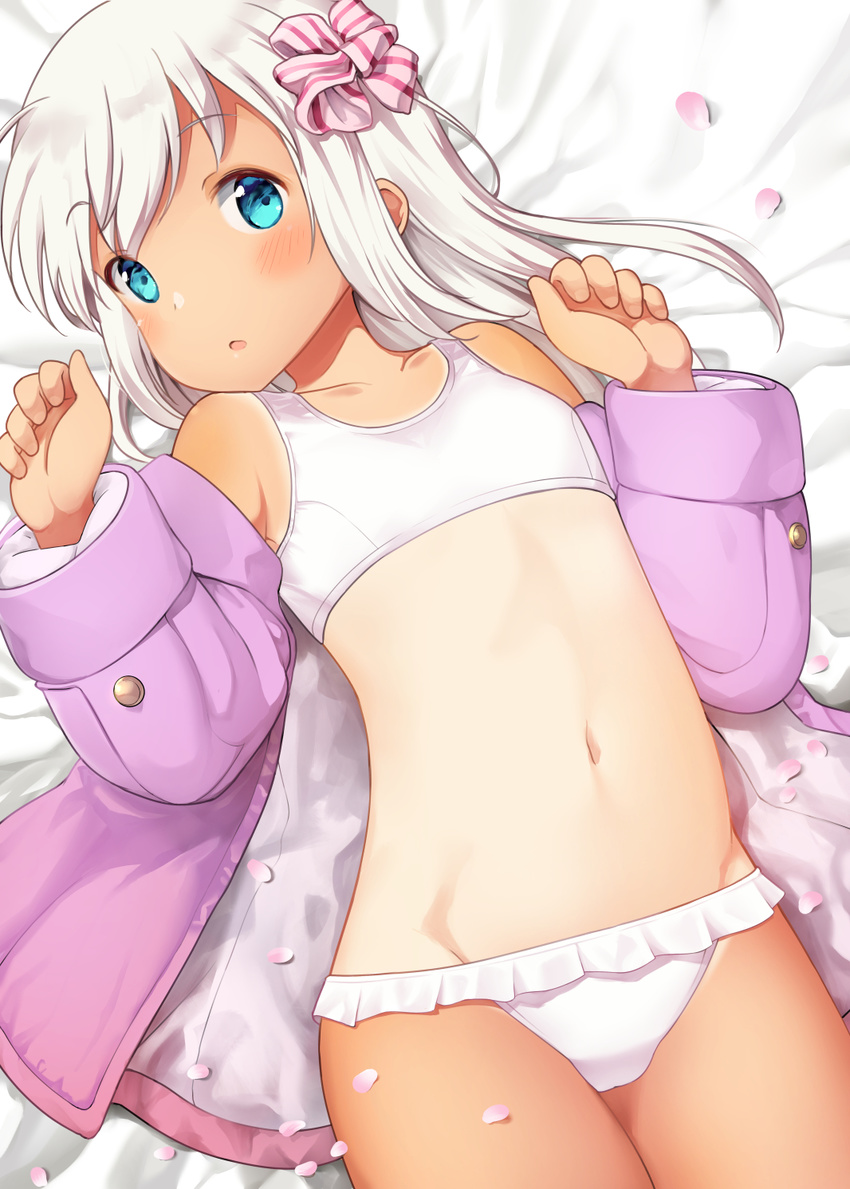 aqua_eyes bell_(oppore_coppore) bikini blue_eyes blush collarbone cowboy_shot flat_chest hands_up highres jacket kantai_collection long_hair looking_at_viewer lying navel nontraditional_school_swimsuit on_back one-piece_tan open_clothes open_jacket petals ro-500_(kantai_collection) school_swimsuit silver_hair solo swimsuit swimsuit_under_clothes tan tanline tareme thighs white_bikini white_hair