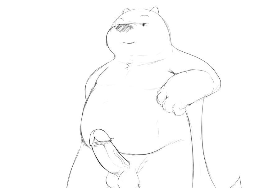 anthro arm_support balls bear bedroom_eyes black_and_white cartoon_network erection glans half-closed_eyes humanoid_penis ice_bear leaning_on_elbow line_art looking_at_viewer male mammal monochrome overweight overweight_male penis pinup pose retracted_foreskin seductive seyrmo sketch solo standing uncut vein veiny_penis we_bare_bears