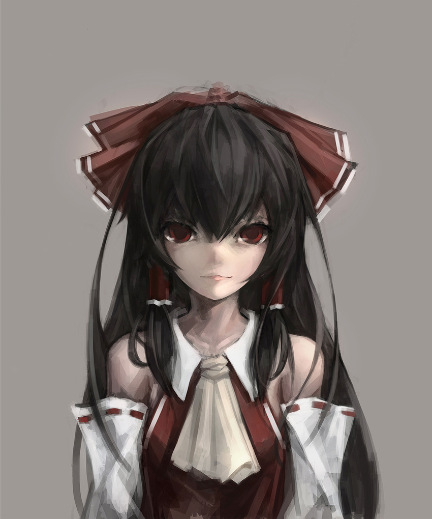 arms_at_sides ascot bow closed_mouth detached_sleeves grey_background gyup hair_bow hair_over_shoulder hair_tubes hakurei_reimu highres lips long_hair looking_at_viewer red_eyes revision ribbon-trimmed_sleeves ribbon_trim solo touhou upper_body very_long_hair