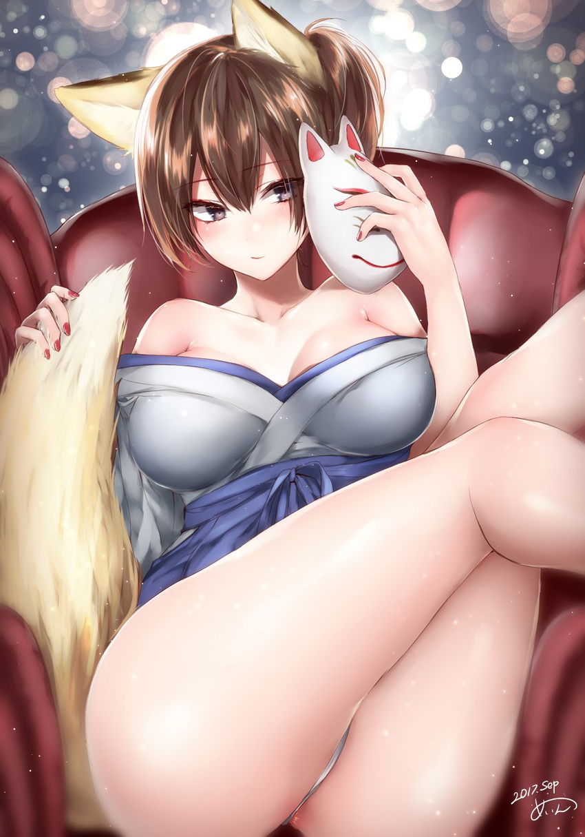 animal_ears ass blue_hakama blush breasts brown_hair closed_mouth collarbone commentary_request dated fingernails fox_ears fox_mask fox_tail hair_between_eyes hakama highres holding_tail japanese_clothes kaga_(kantai_collection) kantai_collection large_breasts legs_up lips looking_at_viewer mask nail_polish open_clothes purple_eyes red_nails sakiryo_kanna side_ponytail signature sitting smile solo tail