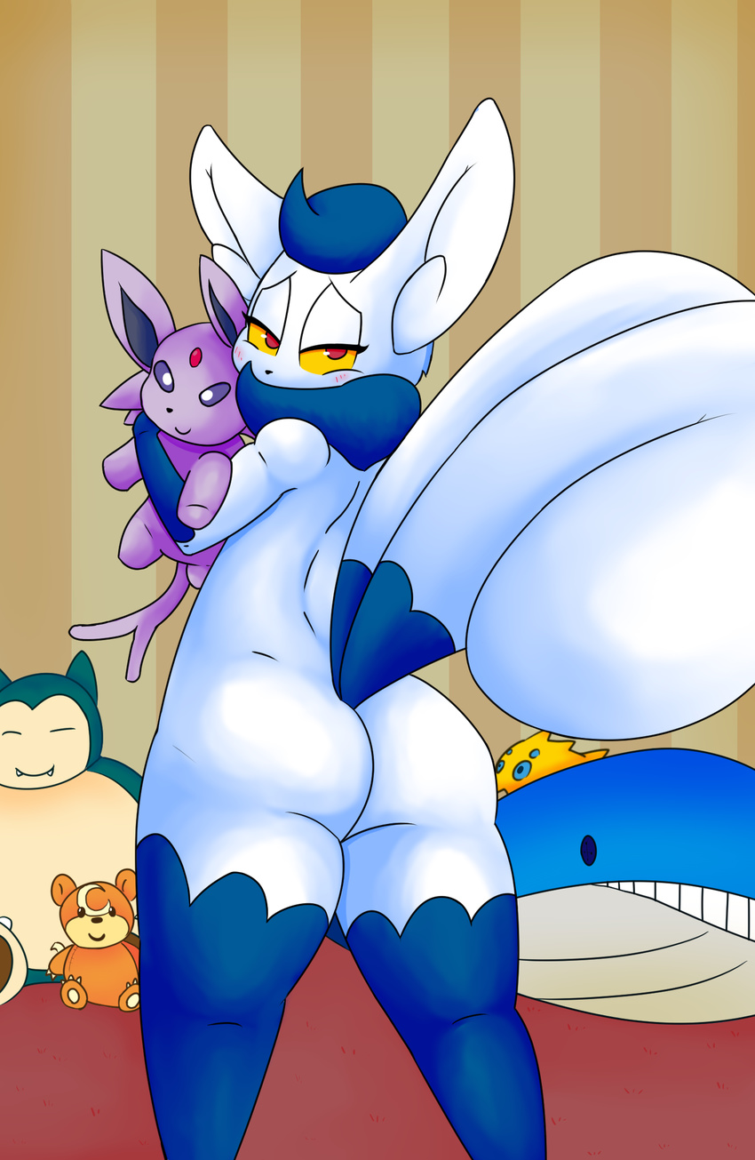 anthro bear blue_fur blush butt carpet cat cetacean eeveelution espeon feline female fur iguanasarecool inside joltik mammal marine meowstic multi_tail nintendo plushie pok&eacute;mon snorlax solo standing teddiursa toy video_games wailord whale white_fur yellow_eyes