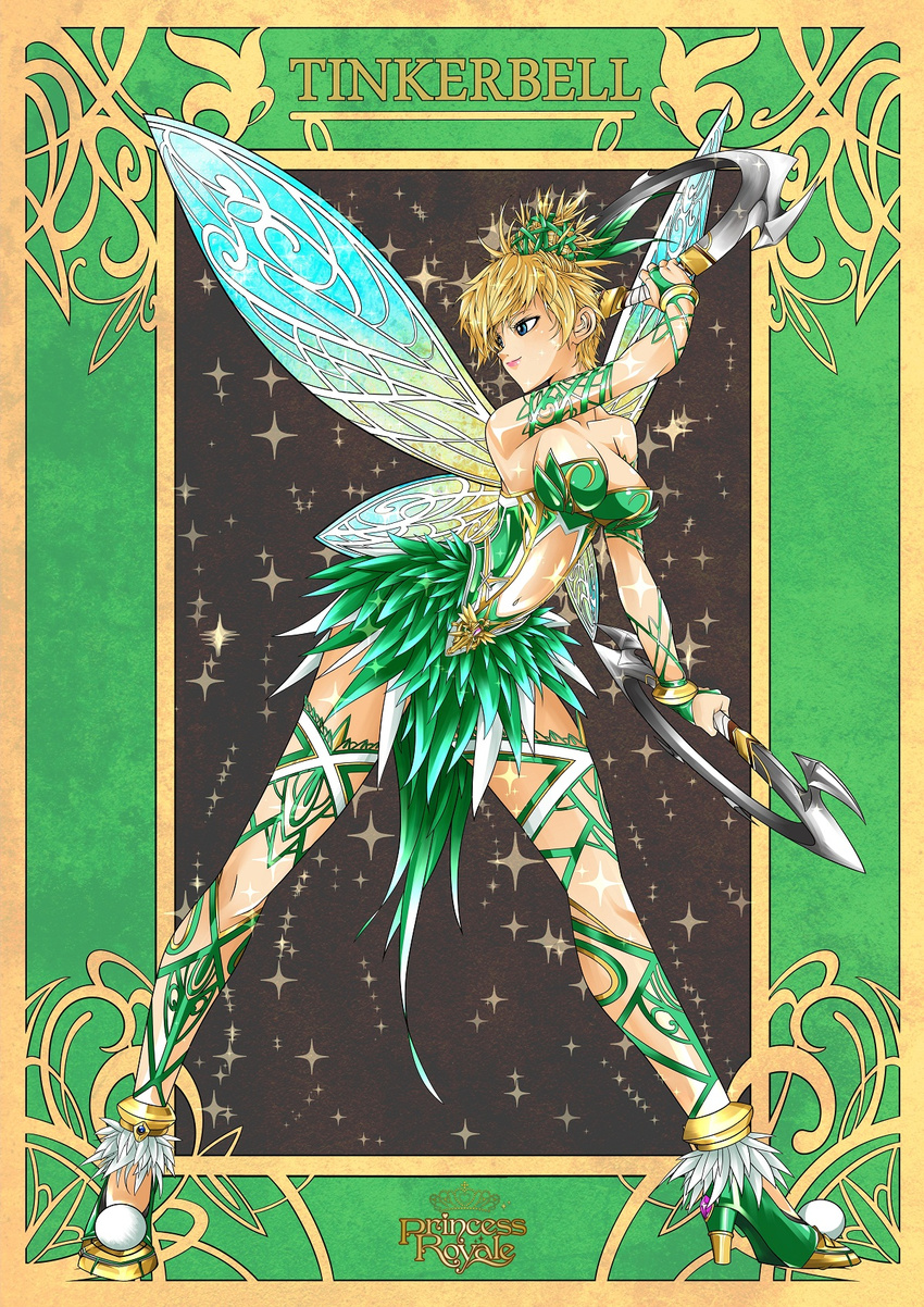 adapted_costume anklet armlet art_nouveau blonde_hair blue_eyes border bracelet breasts bridal_gauntlets cai-man chakram character_name cleavage commentary_request contrapposto fairy fairy_wings hair_bun high_heels highres jewelry large_breasts leaning_forward lips navel peter_pan_(disney) pointy_hair princess_royale solo sparkle standing tinker_bell_(disney) weapon wings