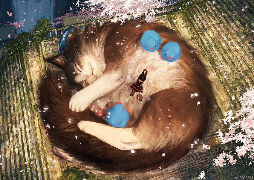 animal arizuka_(13033303) bird black_hair cat cat_focus cherry_blossoms closed_eyes commentary_request dress fangs fangs_out from_above horn original outdoors overgrown oversized_animal sleeping smile twitter_username watermark