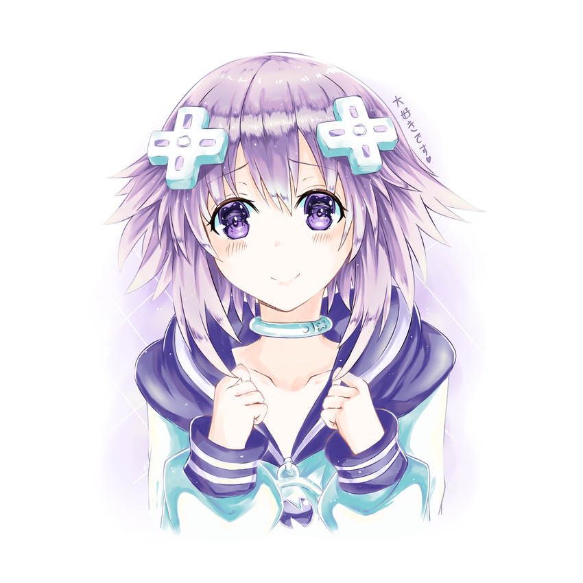 absurdres choker d-pad d-pad_hair_ornament hair_ornament heart heart-shaped_pupils highres hood hooded_track_jacket hoodie jacket looking_at_viewer neptune_(choujigen_game_neptune) neptune_(series) purple_eyes purple_hair sheng_chun short_hair smile solo symbol-shaped_pupils track_jacket