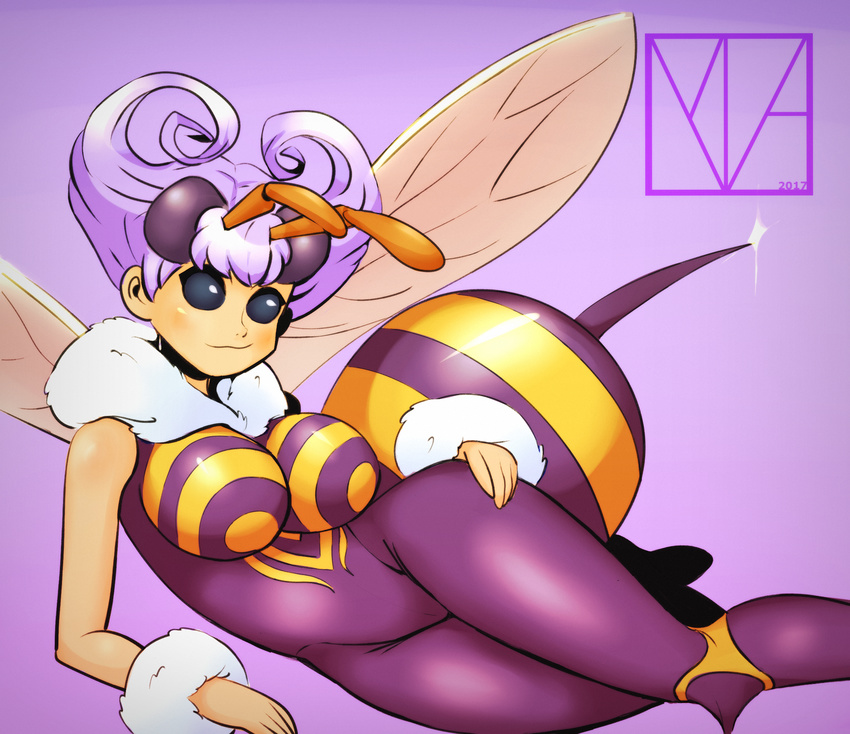 2017 antennae arthropod bee big_breasts black_eyes breasts darkstalkers female hair humanoid insect multi_eye purple_hair q-bee shiny solo stinger vicsagod video_games wide_hips wings