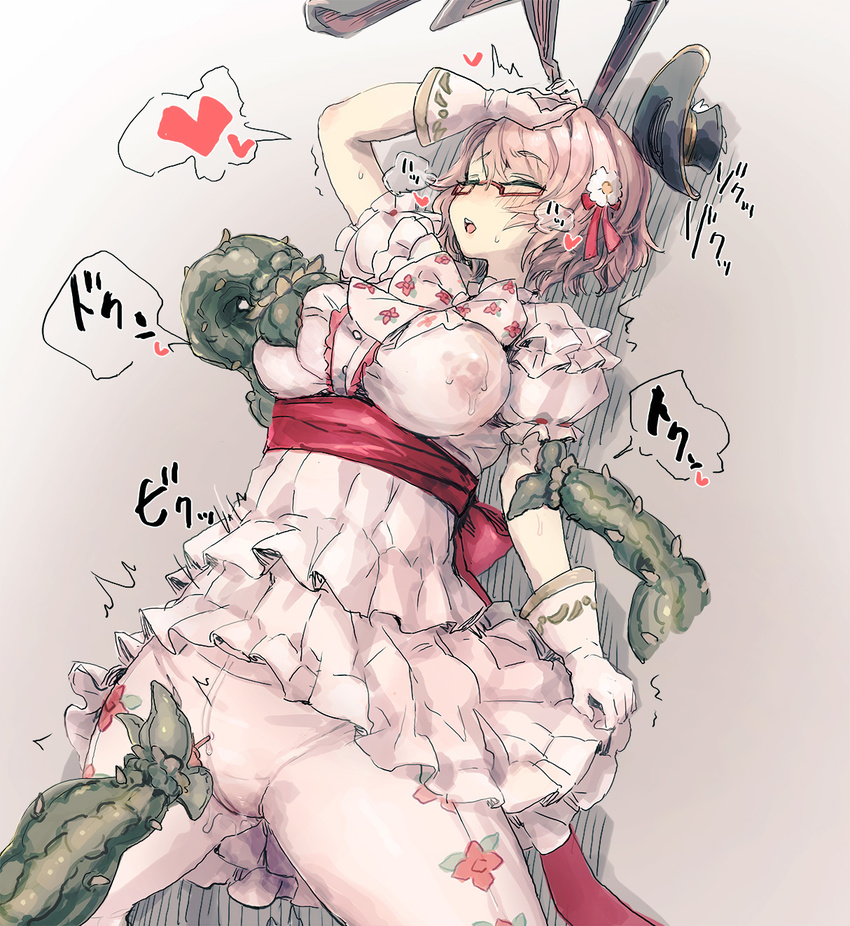 animal_ears arm_up bangs bee_(deadflow) blouse blush breasts bunny_ears clitoral_stimulation closed_eyes commentary_request consensual_tentacles covered_nipples crotch_seam eyebrows_visible_through_hair flower frilled_sleeves frills glasses gloves hair_flower hair_ornament hat heart highres large_breasts legs_apart lying mini_hat mini_top_hat nose_blush on_back panties panties_under_pantyhose pantyhose pink_hair plant puffy_short_sleeves puffy_sleeves pussy_juice pussy_juice_stain red-framed_eyewear sash semi-rimless_eyewear short_hair short_sleeves sketch skirt solo speech_bubble spoken_heart tentacles top_hat tree_of_savior under-rim_eyewear underwear wet wet_clothes wet_panties wet_pantyhose white_blouse white_flower white_gloves white_legwear white_skirt