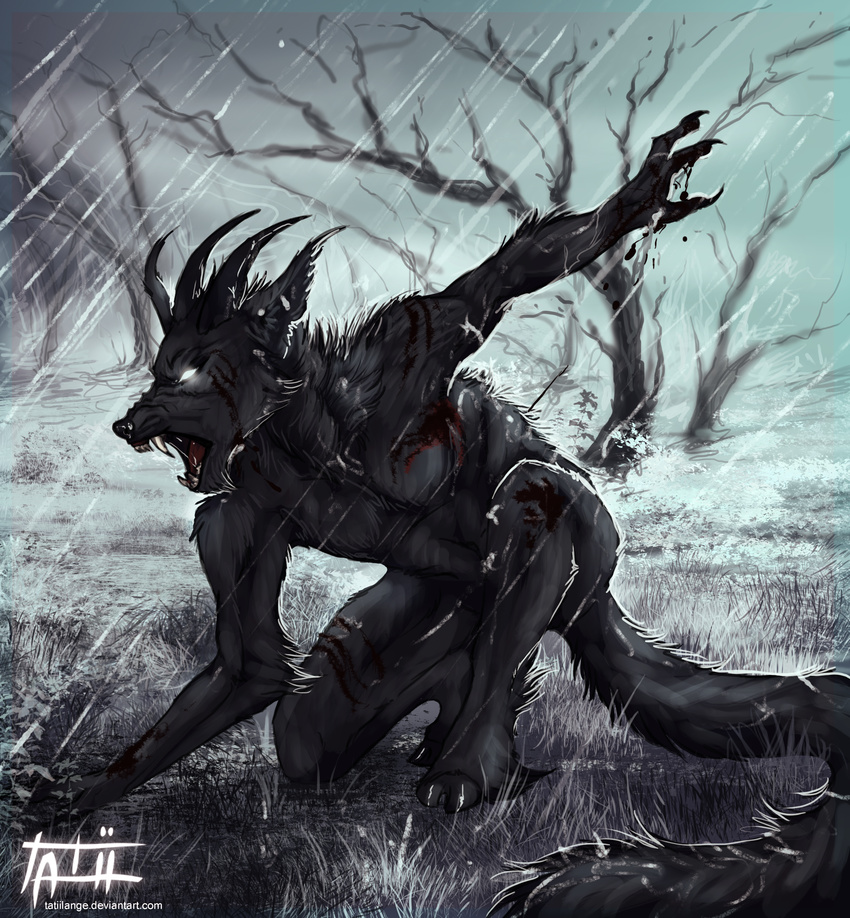 ambiguous_gender anthro black_fur black_horn black_nose blood canine curved_horn day detailed_background feline fur glowing glowing_eyes grass hooves horn hybrid mammal nude open_mouth outside raining solo tatiilange teeth tongue