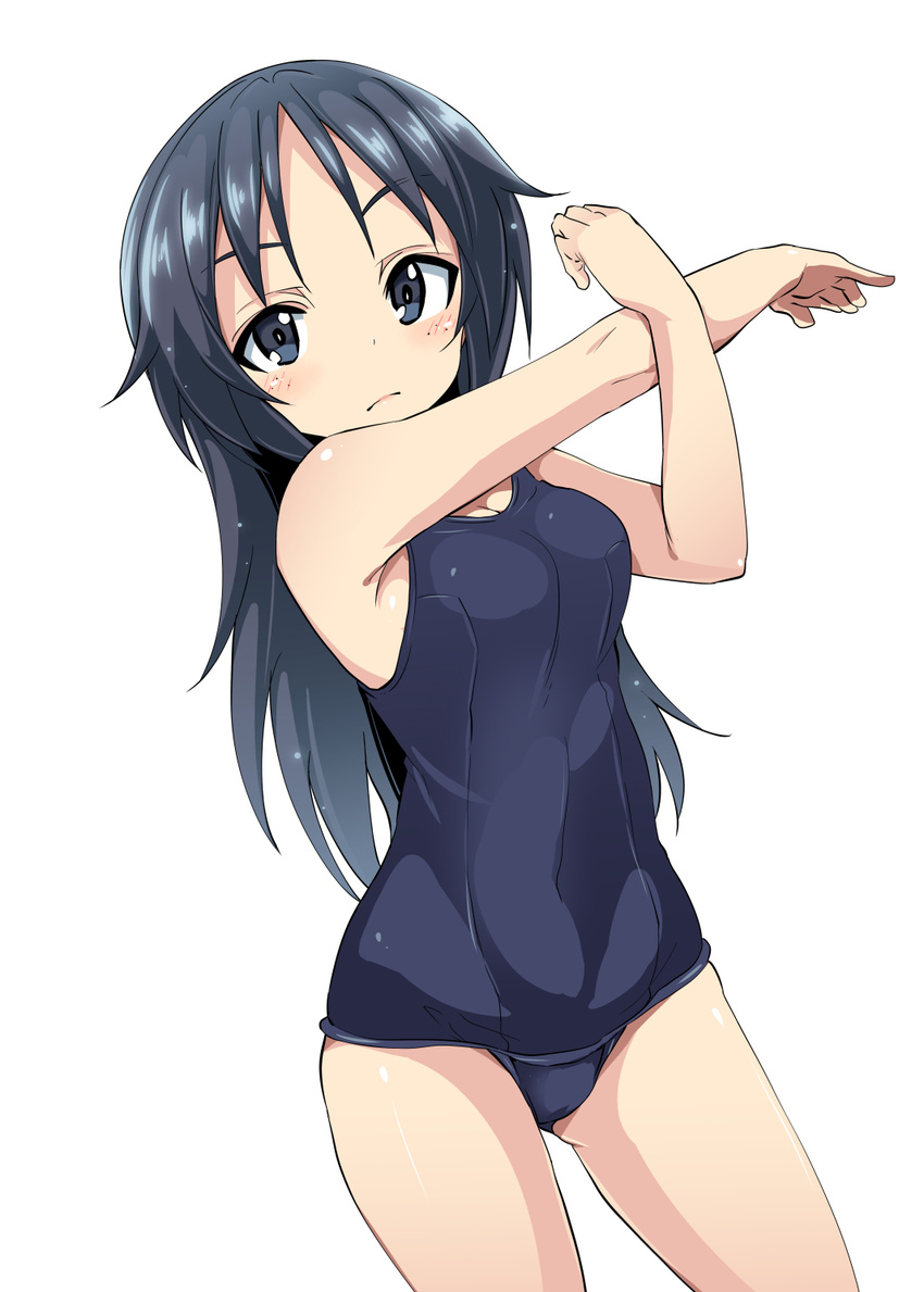 bangs black_eyes black_hair black_swimsuit blush breasts commentary_request covered_navel cowboy_shot dutch_angle freckles girls_und_panzer highres long_hair looking_at_viewer medium_breasts miyao_ryuu old_school_swimsuit one-piece_swimsuit school_swimsuit solo standing straight_hair stretch swimsuit white_background yamagou_ayumi
