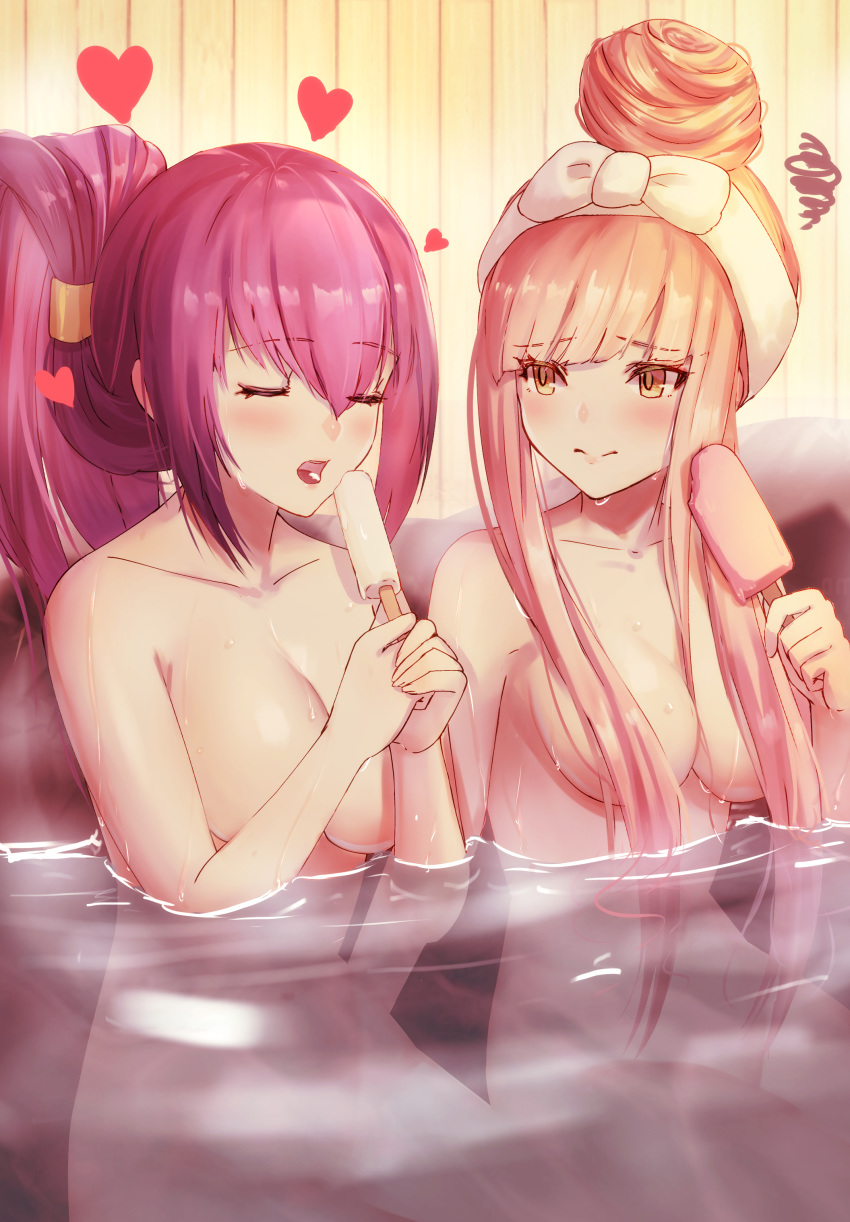 2girls absurdres alternate_hairstyle bath bathing blush breasts cleavage commentary_request dolce_(dolsuke) embarrassed eyebrows_visible_through_hair fate/grand_order fate_(series) food hair_bun hair_censor hair_ornament hair_over_breasts hairclip heart highres holding holding_food large_breasts long_hair looking_at_another medb_(fate)_(all) medb_(fate/grand_order) medium_breasts multiple_girls nude onsen open_mouth outdoors partially_submerged pink_hair popsicle purple_hair rock scathach_(fate)_(all) scathach_skadi_(fate/grand_order) sexually_suggestive sidelocks sitting skirt squiggle steam tongue towel towel_on_head updo water wet white_skirt yellow_eyes