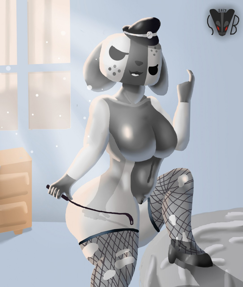 animate_inanimate anthro big_breasts breasts butt clothed clothing domination featureless_breasts female female_domination fishnet hi_res nintendo nintendo_switch nude partially_clothed pussy riding_crop skunk_bunk switch_dog thick_thighs video_games whip