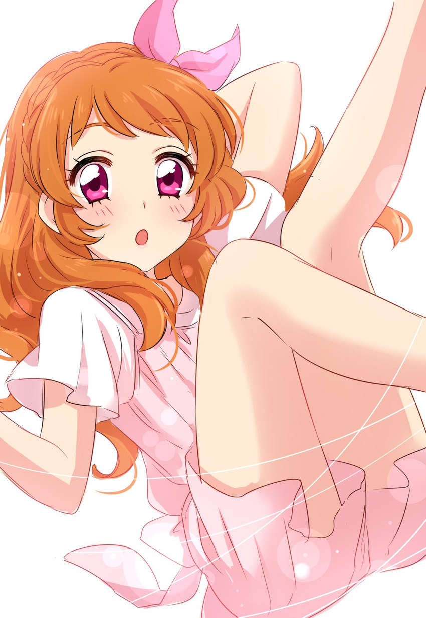 :o aikatsu! aikatsu!_(series) bangs bare_legs blush bow commentary dress eyebrows_visible_through_hair feet_out_of_frame hair_bow highres legs_up long_hair looking_at_viewer oozora_akari orange_hair parted_lips pink_bow pink_dress pink_eyes sekina short_sleeves simple_background solo tied_hair white_background