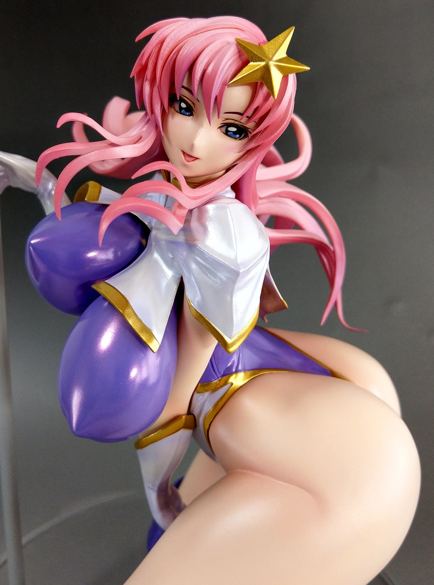 1girl arched_back ass bent_over blue_eyes blush bouncing_breasts breasts curvy dutch_angle erect_nipples eyebrows_visible_through_hair female figure gloves gundam gundam_seed gundam_seed_destiny hair_ornament highleg huge_ass huge_breasts large_breasts leotard long_hair looking_at_viewer looking_back meer_campbell photo pink_hair pole purple_leotard shiny shiny_clothes shiny_skin skin_tight smile solo star star_hair_ornament thong_leotard