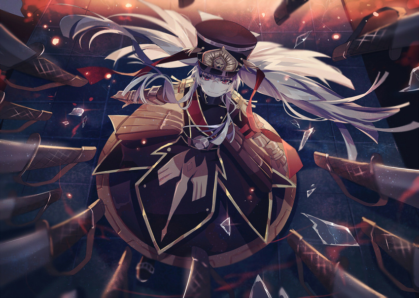 altair_(re:creators) boots broken_glass gauntlets glass grin hat lococo:p long_hair looking_at_viewer looking_up military military_uniform re:creators red_eyes ribbon sash shako_cap silver_hair smile solo sword uniform very_long_hair weapon