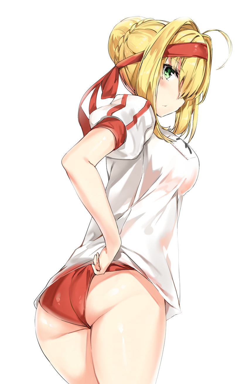 adjusting_buruma adjusting_clothes ahoge ass bangs blonde_hair braid breasts buruma cowboy_shot fate/grand_order fate_(series) french_braid from_behind green_eyes gym_uniform hair_bun hair_intakes headband highres looking_at_viewer looking_back medium_breasts name_tag nero_claudius_(fate) nero_claudius_(fate)_(all) olympian_bloomers profile red_buruma shirt short_hair short_sleeves silver_(chenwen) simple_background solo white_background