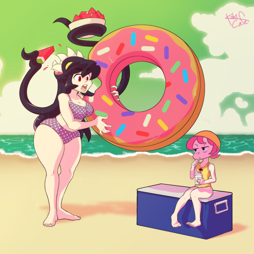 2girls bikini breasts donut food fruit multiple_girls pink_hair red_eyes skullgirls swimsuit tagme thick_thighs watermelon wide_hips
