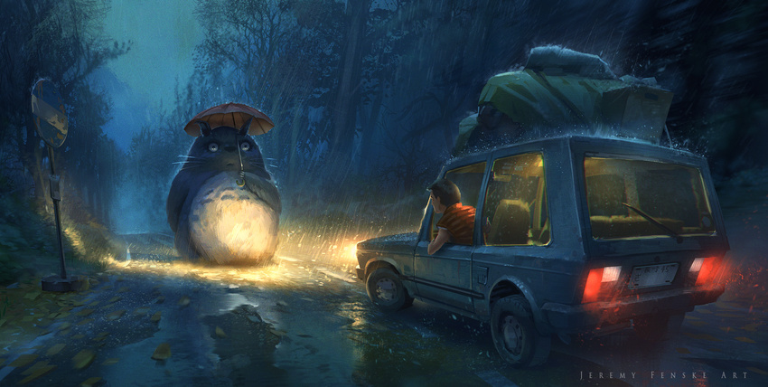 artist_name brown_hair car closed_mouth commentary english forest ground_vehicle highres holding holding_umbrella jeremy_fenske leaf looking_out_window luggage md5_mismatch motor_vehicle nature night open_window plant rain red_vest resized road short_hair sign standing tarpaulin tonari_no_totoro totoro umbrella upscaled vest window