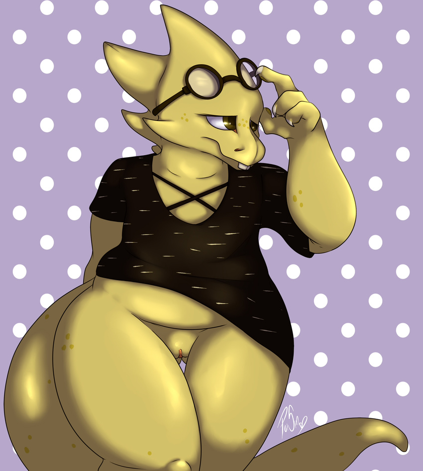 alphys bottomless clitoris clothed clothing eyewear female glasses lizard poisindoodles pussy reptile scalie shirt solo undertale video_games