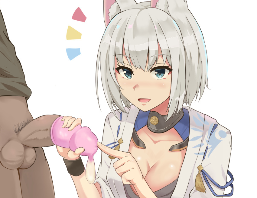 1boy 1girl :d animal_ears azur_lane bangs blue_eyes blunt_bangs blush breasts cleavage collarbone condom condom_filling condom_on_penis eyebrows_visible_through_hair fox_ears handjob highres japanese_clothes kaga_(azur_lane) large_breasts male_focus notice_lines open_mouth penis short_hair simple_background smile testicles verseir_001 white_background white_hair