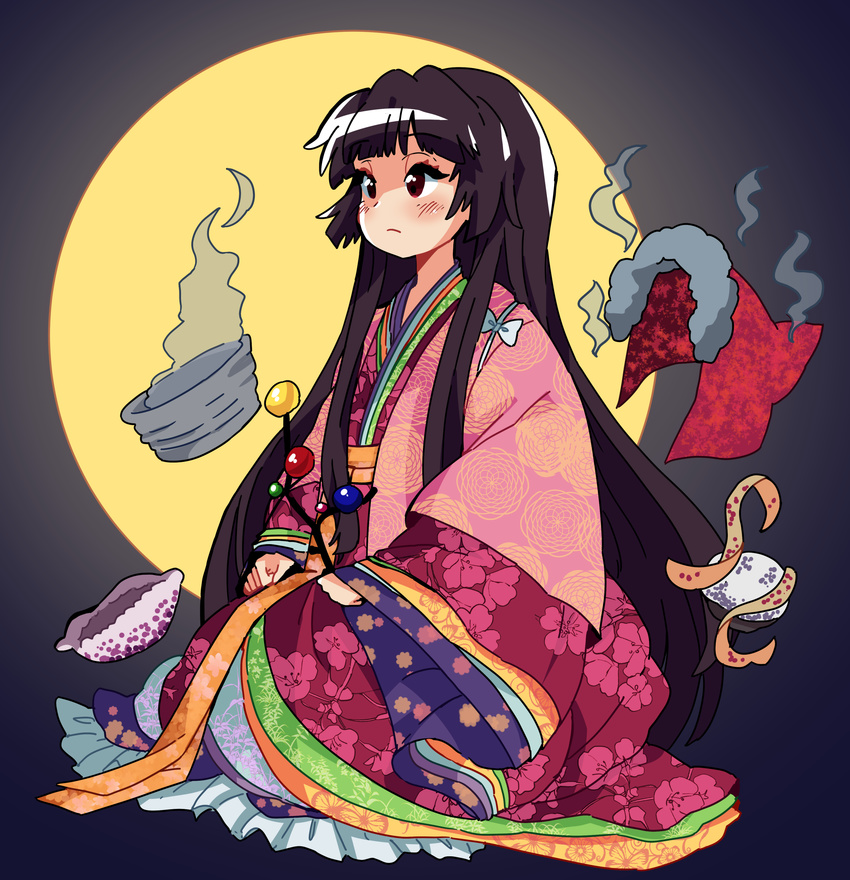 absurdres bangs black_hair blunt_bangs blush bow branch cape closed_mouth expressionless eyelashes floating floating_object floral_print frills full_body full_moon fur_trim highres houraisan_kaguya japanese_clothes jeweled_branch_of_hourai kimono layered_clothing layered_kimono long_hair long_sleeves looking_away moon multicolored multicolored_clothes obi pink_kimono raburine red_eyes sash seashell shell sidelocks sitting sleeves_past_wrists solo touhou very_long_hair white_bow wide_sleeves