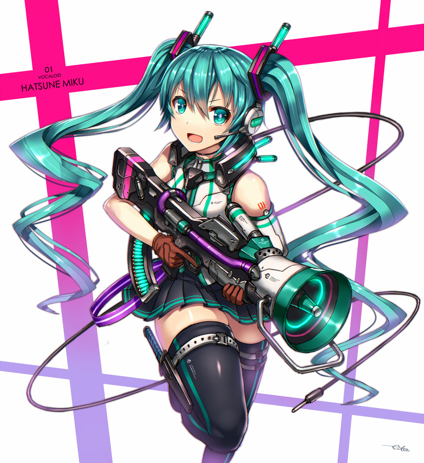 bangs brown_gloves bullpup character_name copyright_name gia gloves hatsune_miku headset highres knife long_hair looking_at_viewer megaphone open_mouth pleated_skirt skirt solo thigh_strap thighhighs trigger_discipline twintails vocaloid weapon white_background