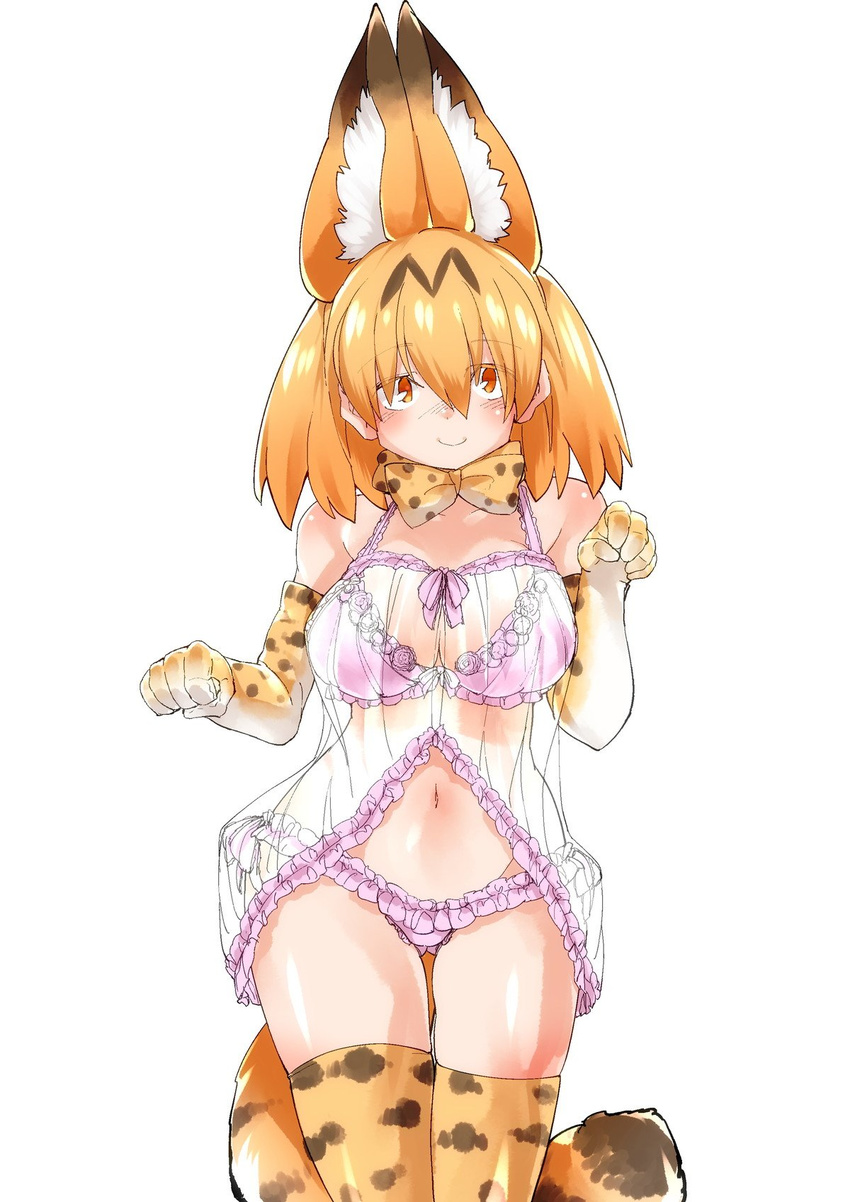 animal_ears babydoll blush bow commentary_request elbow_gloves frills gloves highres kemono_friends lace lingerie looking_at_viewer navel negligee nightgown panties ribbon see-through serval_(kemono_friends) serval_ears serval_print serval_tail shigurio side-tie_panties solo tail thighhighs underwear underwear_only