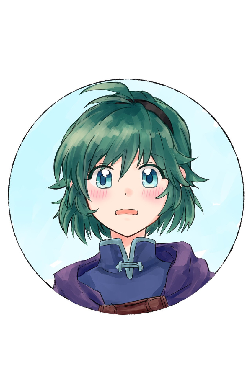 blue_eyes blush cape fire_emblem fire_emblem:_rekka_no_ken green_hair hairband highres looking_at_viewer nino_(fire_emblem) short_hair smile solo