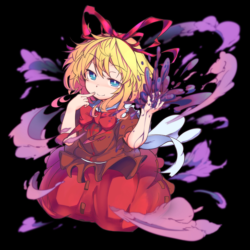 bangs black_background blonde_hair blue_eyes bow bowtie closed_mouth commentary_request eyebrows_visible_through_hair finger_to_mouth furorina hair_ribbon highres looking_at_viewer medicine_melancholy poison red_bow red_neckwear red_ribbon red_skirt ribbon shaded_face short_hair short_sleeves simple_background skirt smile solo touhou