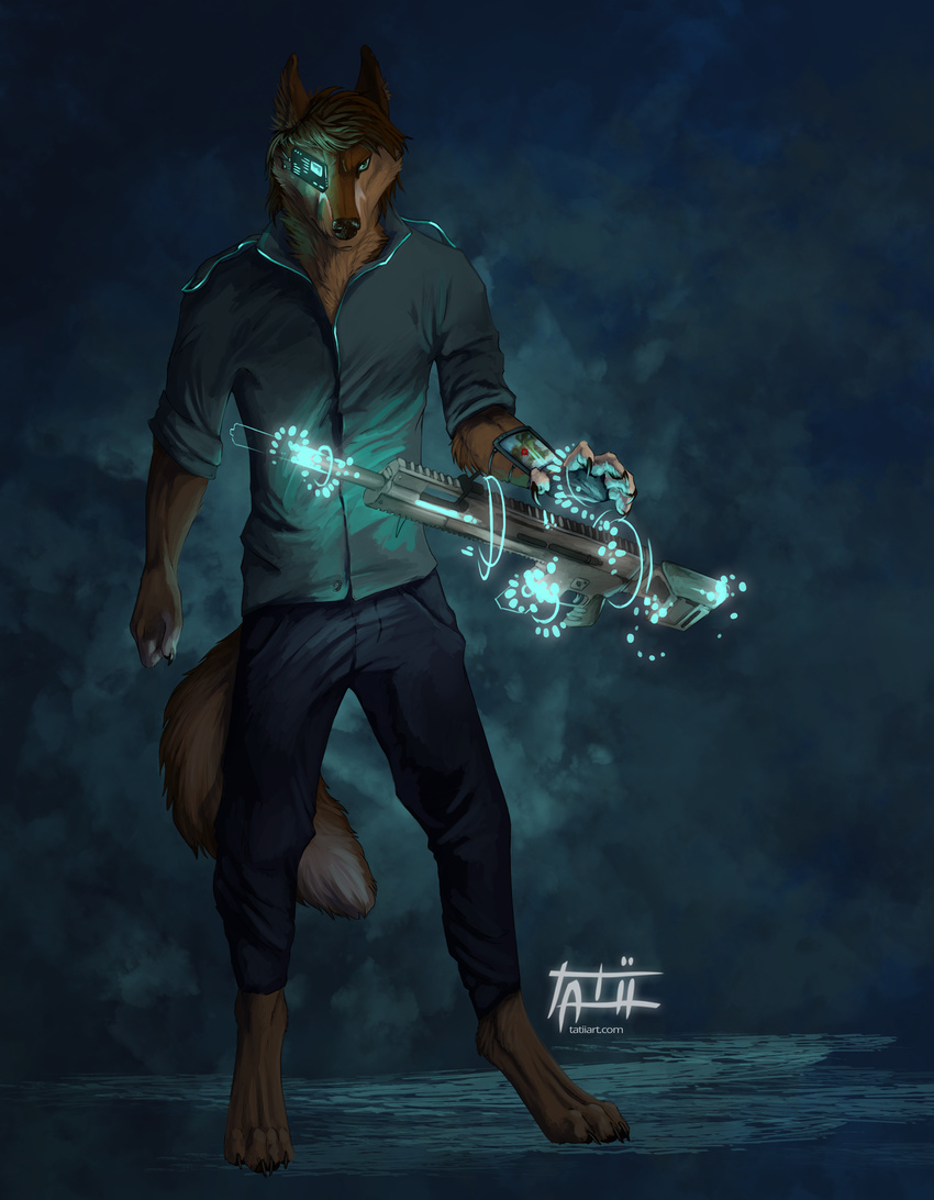 4_toes 5_fingers anthro back_nose brown_fur brown_hair canine clothed clothing fur gun hair holding_object holding_weapon male mammal ranged_weapon solo standing tatiilange toes weapon wolf