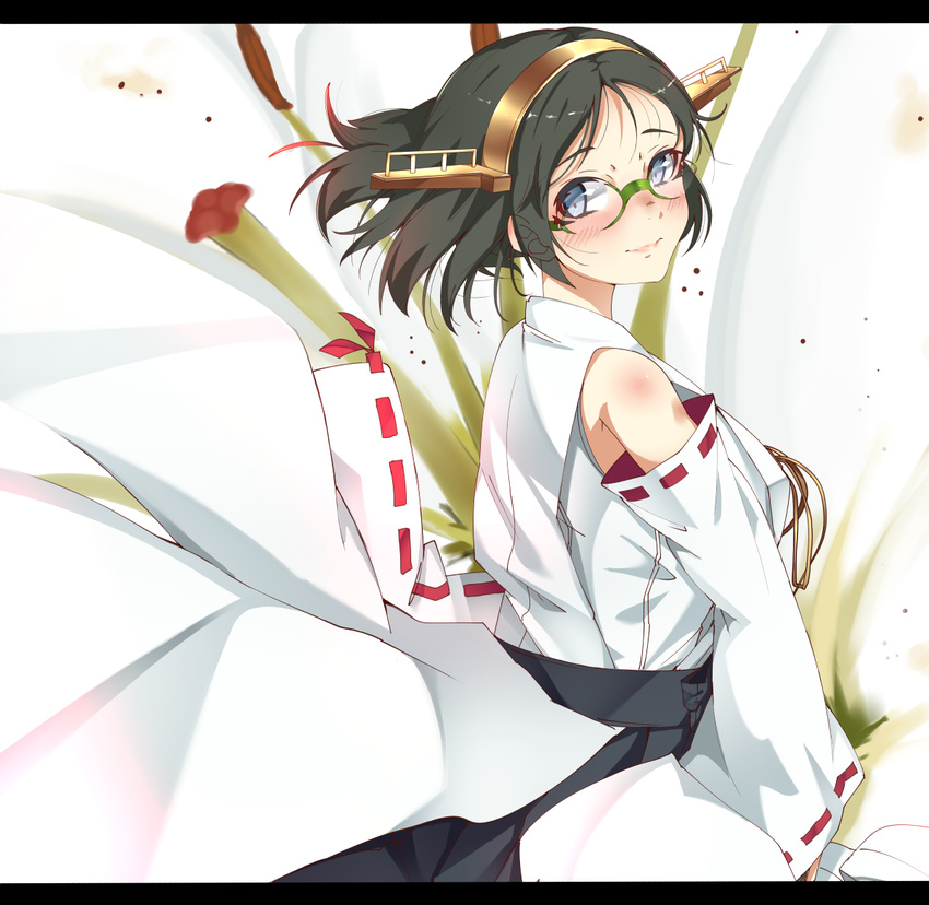 bangs black_hair blush commentary detached_sleeves flower glasses hakama_skirt headgear kantai_collection kenmomose kirishima_(kantai_collection) lily_(flower) looking_at_viewer nontraditional_miko parted_bangs remodel_(kantai_collection) ribbon short_hair smile solo