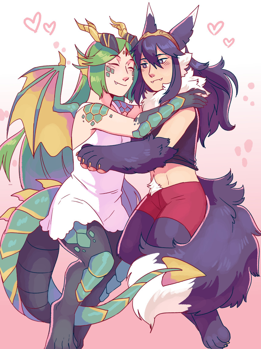 2girls absurdres animal_ears blue_eyes blue_hair blush breasts camisole couple dragon_girl dress eyes_closed fire_emblem fire_emblem:_kakusei frogbians full_body green_hair hig highres jewelry kid_icarus kid_icarus_uprising long_hair lucina monster_girl multiple_girls navel nintendo palutena scales shorts smile super_smash_bros. super_smash_bros._ultimate tail tiara werewolf wings wolf_ears yuri