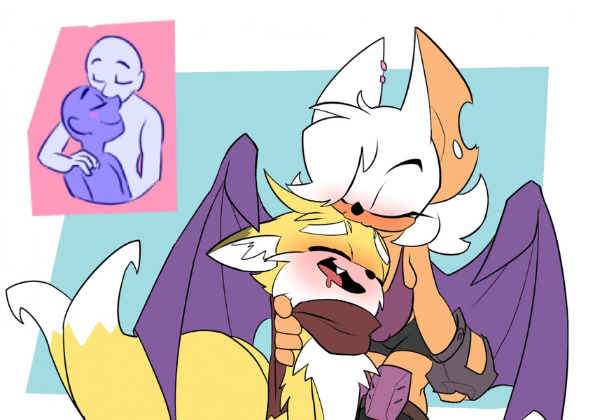 2017 anthro bat big_breasts bigdad blush breasts canine clothed clothing duo female fox huge_breasts kissing male male/female mammal miles_prower mobian_(species) rouge_the_bat smile sonic_(series)