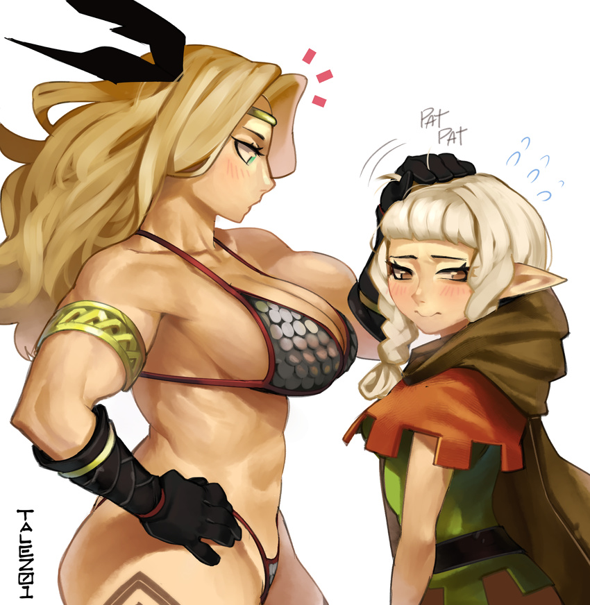 abs amazon_(dragon's_crown) armlet armor bikini bikini_armor blonde_hair blush braid breasts brown_eyes cleavage cloak dragon's_crown elf_(dragon's_crown) embarrassed gloves green_eyes hand_on_another's_head hand_on_hip highres huge_breasts leg_tattoo multiple_girls muscle muscular_female petting pointy_ears simple_background smile swimsuit talez01 tattoo thong_bikini twin_braids