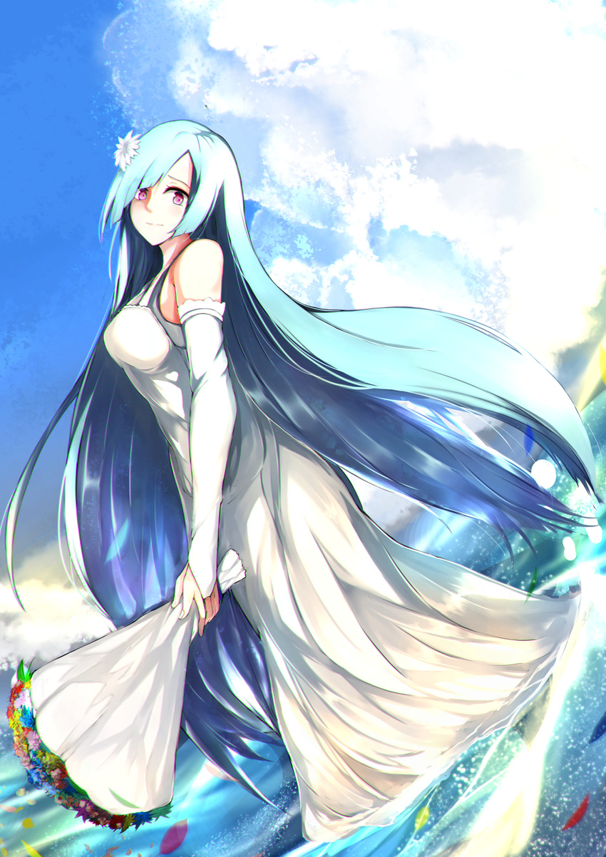 blue_hair bouquet breasts bridal_gauntlets brynhildr_(fate) dress elbow_gloves fate/grand_order fate_(series) fingerless_gloves flower gloves hair_flower hair_ornament highres large_breasts long_hair looking_at_viewer ocean otsunabe_(naabe_delta) purple_eyes solo standing very_long_hair water wedding_dress white_dress