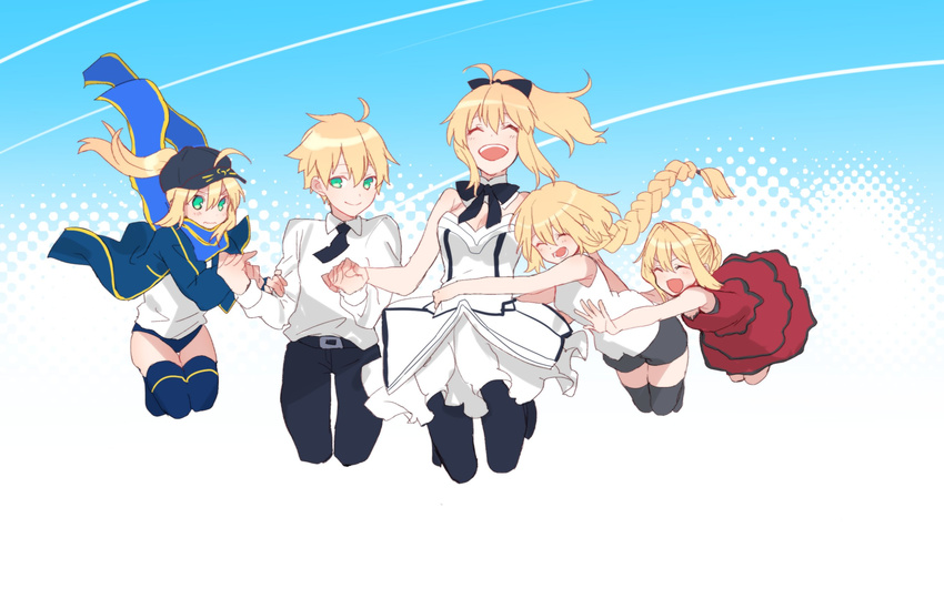 4girls ahoge arthur_pendragon_(fate) artoria_pendragon_(all) baseball_cap blonde_hair bloomers bow braid child closed_eyes dress fate/apocrypha fate/extra fate/prototype fate/unlimited_codes fate_(series) green_eyes gym_uniform hair_bow hat highres holding_hands hug jacket jeanne_d'arc_(fate) jeanne_d'arc_(fate)_(all) jumping kirara_jump long_hair looking_at_viewer multiple_girls mysterious_heroine_x necktie nero_claudius_(fate) nero_claudius_(fate)_(all) pantyhose ponytail rojiura_satsuki:_chapter_heroine_sanctuary saber_lily seseragi_azuma shirt single_braid sleeveless sleeveless_dress sleeveless_shirt smile thighhighs track_jacket underwear wavy_mouth white_dress younger