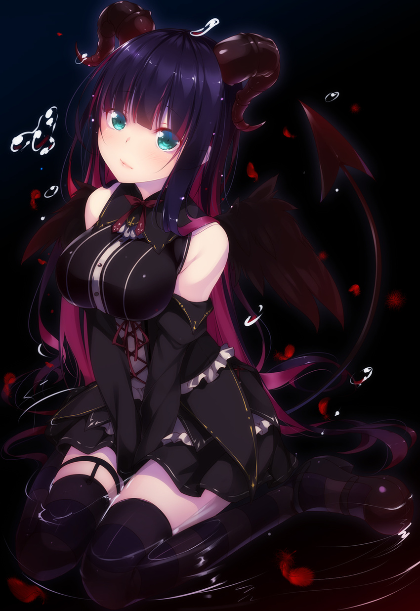 aqua_eyes bangs between_legs black_footwear black_legwear black_wings blush breasts closed_mouth commentary_request demon_horns demon_tail detached_sleeves eyebrows_visible_through_hair feathered_wings hand_between_legs highres horns large_breasts long_hair looking_at_viewer mary_janes multicolored_hair panty_&amp;_stocking_with_garterbelt purple_hair ripples shoes shokuyou_mogura sitting solo stocking_(psg) striped striped_legwear tail thighhighs thighs two-tone_hair very_long_hair wariza water_drop wings
