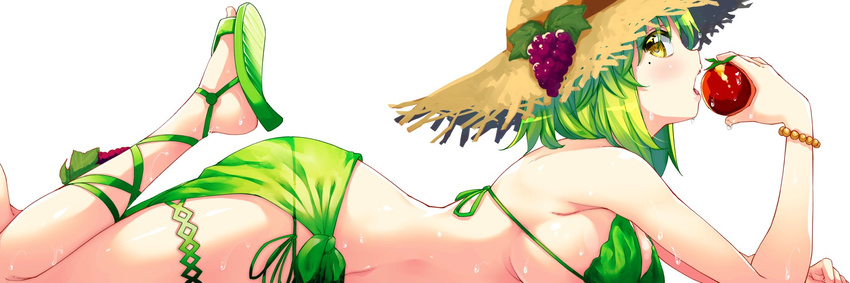 akino_sora apple ass bikini breasts commentary_request food fruit grapes green_bikini green_hair hat highres large_breasts leaf looking_at_viewer lying mole mole_under_eye on_stomach sandals sarong straw_hat swimsuit