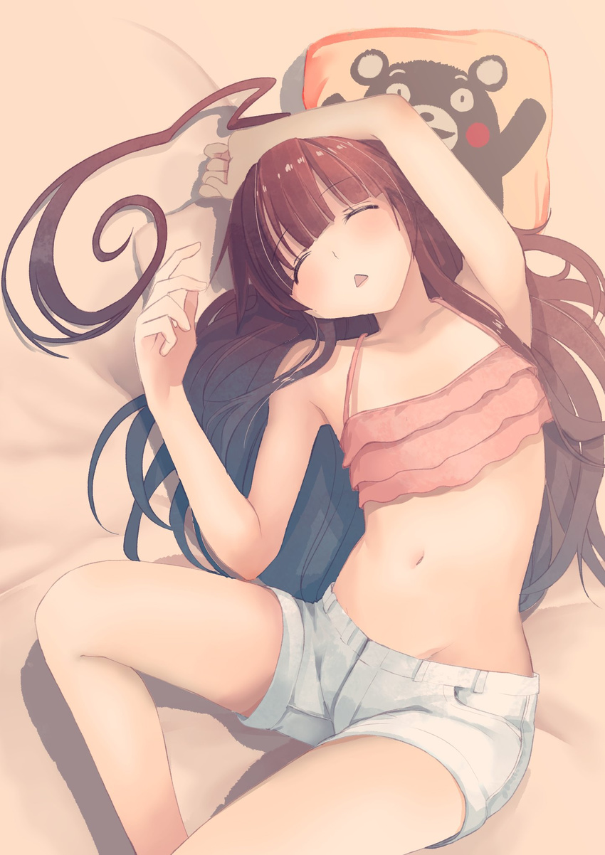 ahoge alternate_costume armpits bare_shoulders breasts brown_hair closed_eyes commentary_request highres huge_ahoge kantai_collection kuma_(kantai_collection) long_hair masukuza_j navel short_shorts shorts sleeping small_breasts triangle_mouth