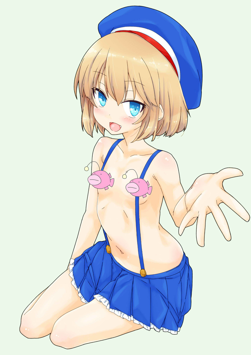 anglerfish bad_id bad_pixiv_id bangs blonde_hair blue_eyes blue_hat blue_skirt breasts casual censored commentary_request eyebrows_visible_through_hair fang foreshortening frilled_skirt frills full_body girls_und_panzer green_background hat highres itou_ayachi katyusha looking_at_viewer miniskirt navel no_shirt open_mouth pleated_skirt reaching_out sailor short_hair simple_background sitting skirt small_breasts smile solo suspender_skirt suspenders yokozuwari